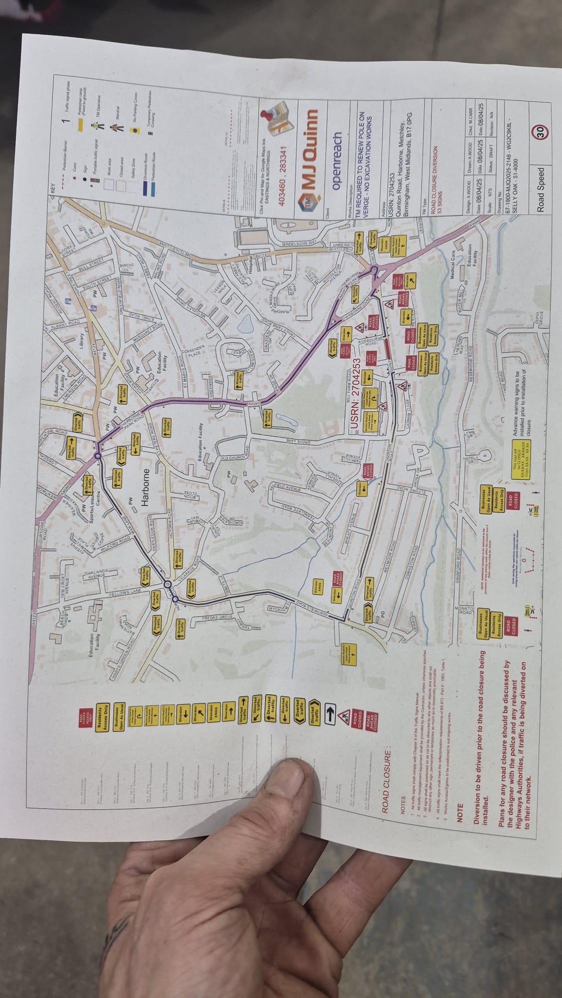 Road closure and diversion plan for excavation-free pole renewal works, showing diversion route and signage schedule