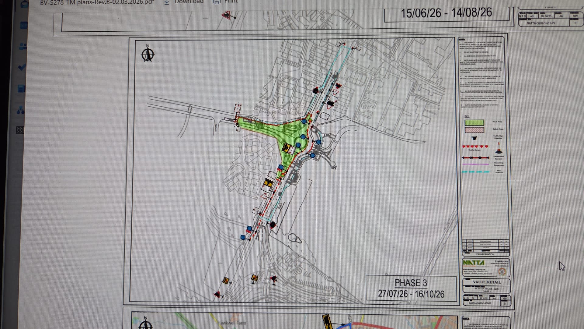 Phased traffic management drawing showing work areas, safety zones, cones and pedestrian barriers for a highway improvement scheme