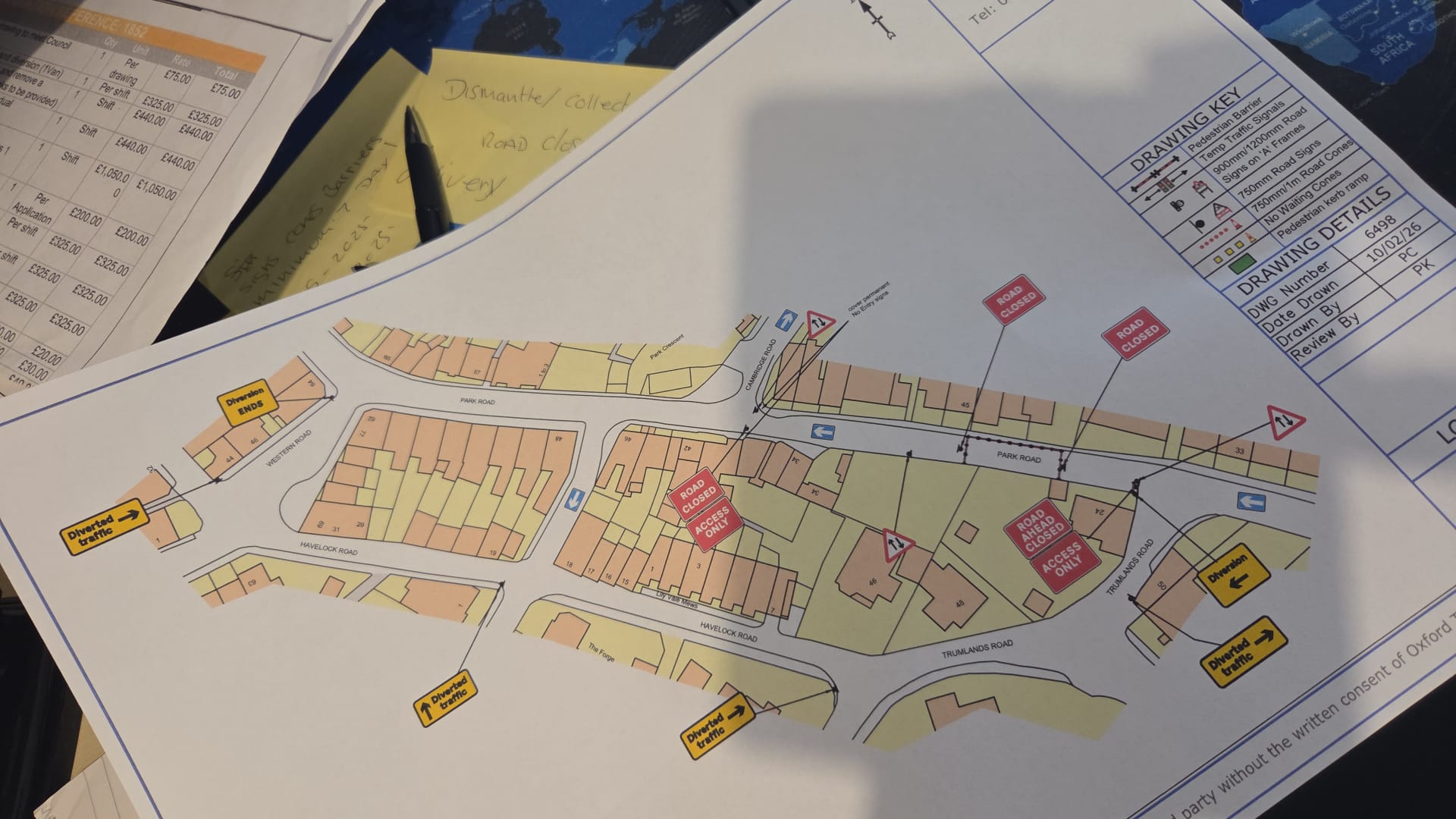 Temporary traffic management design drawing for a Park Road closure showing road closed signs, diversion routes and a drawing key