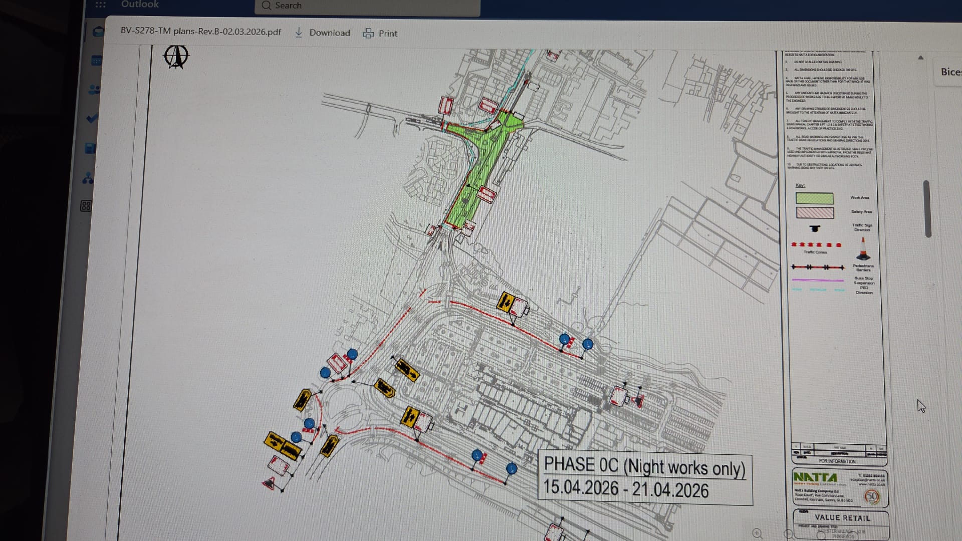 Night works phase traffic management drawing showing work area, cone taper and signed diversion around a roundabout