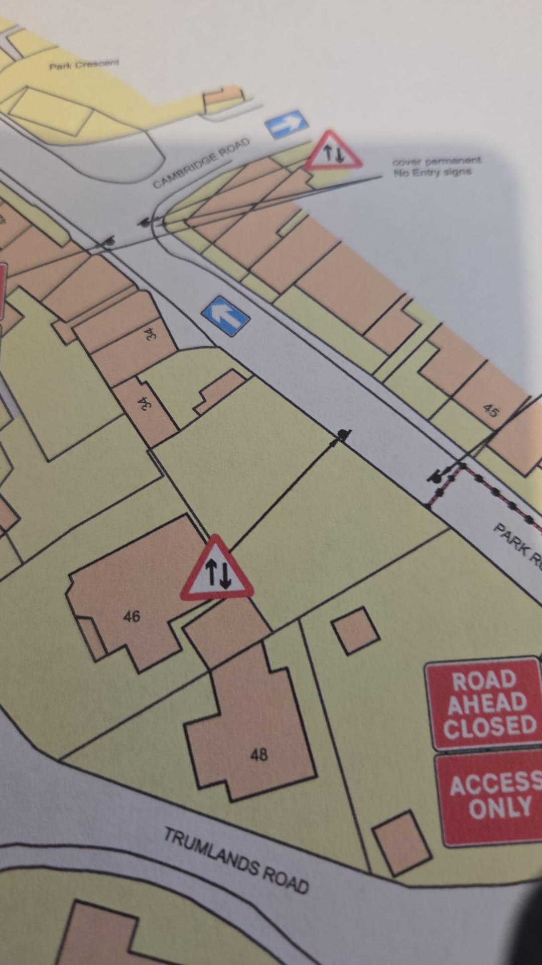 Close-up of a traffic management drawing showing road ahead closed and access only signage around Park Road and Trumlands Road