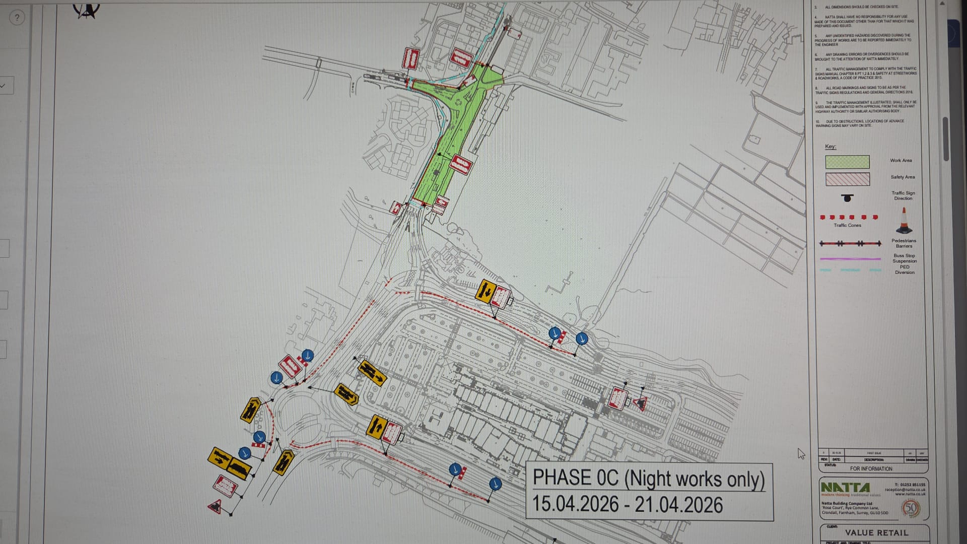 Night works only phase drawing detailing sign positions, cones and pedestrian diversions across a junction and car park