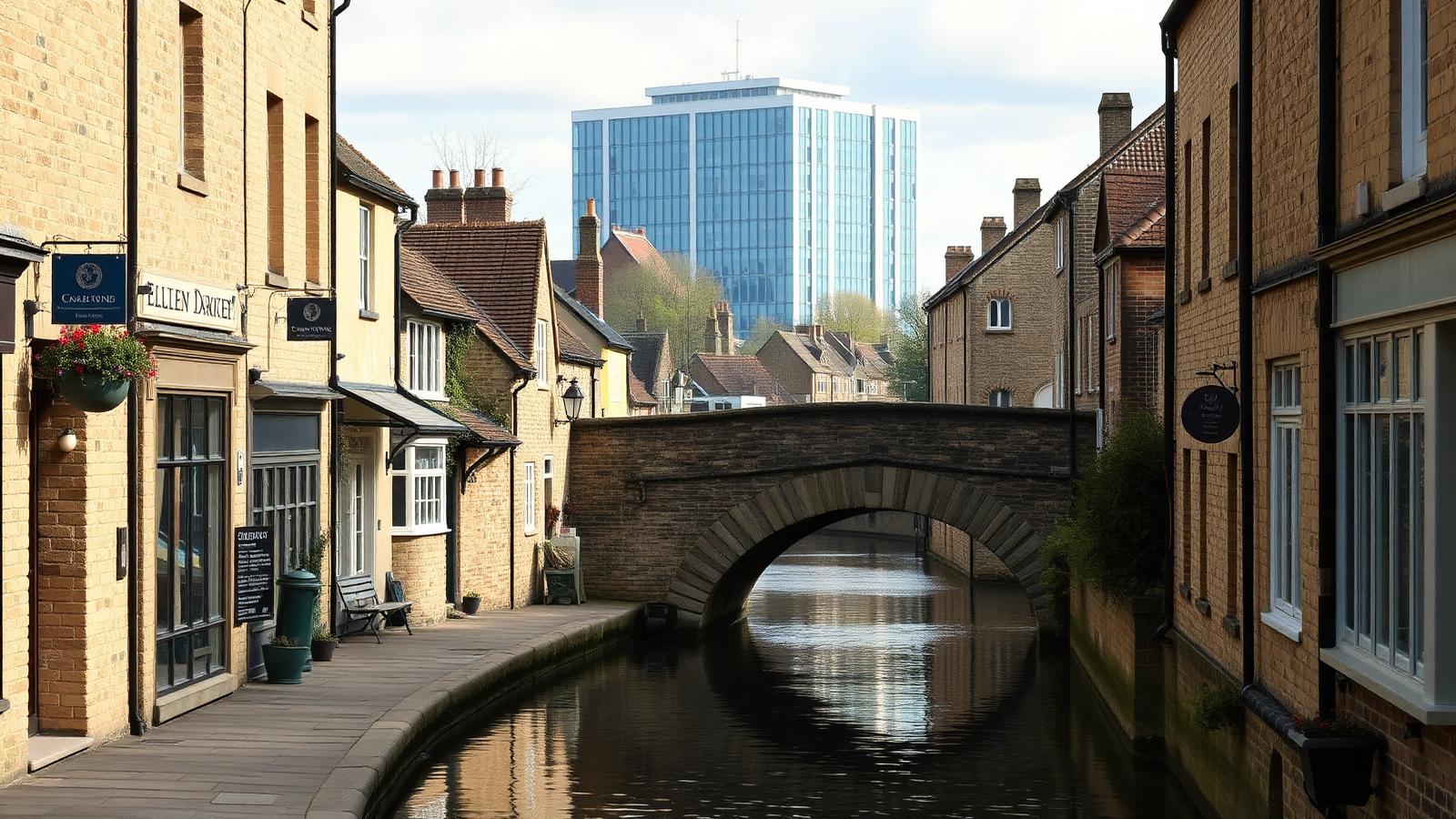 Narrow stone-built street beside the River Thames in Abingdon with a stone bridge and a modern office block behind