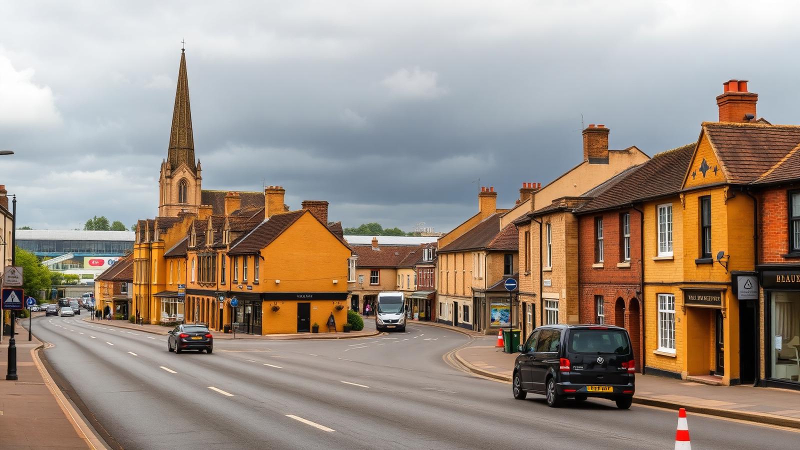 Wide main road through Banbury lined with honey-coloured ironstone buildings beneath a church spire, with industrial units beyond
