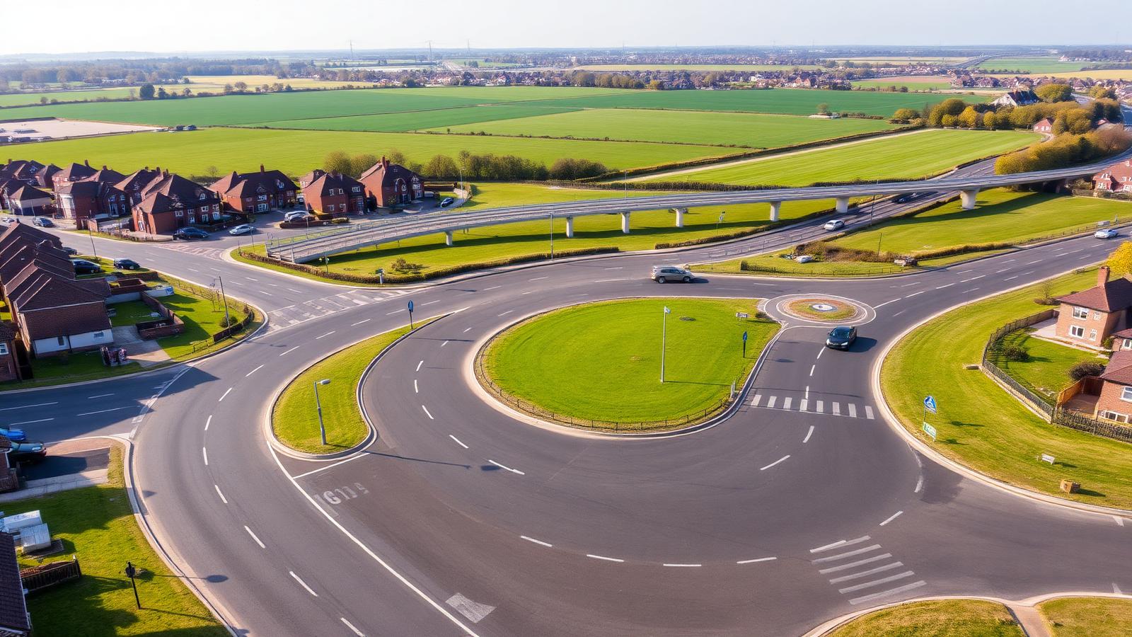 New roundabout and estate roads on the edge of Bicester with new housing, open fields and a dual carriageway beyond