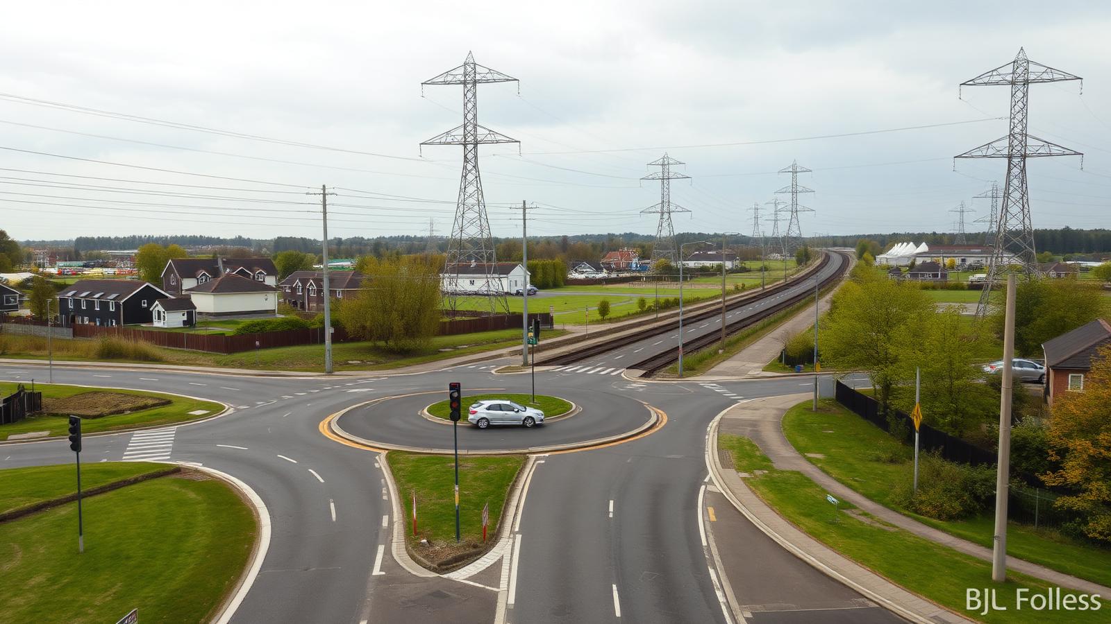 Signalised roundabout on a Didcot link road beside a railway line, with pylons, new housing and industrial units beyond