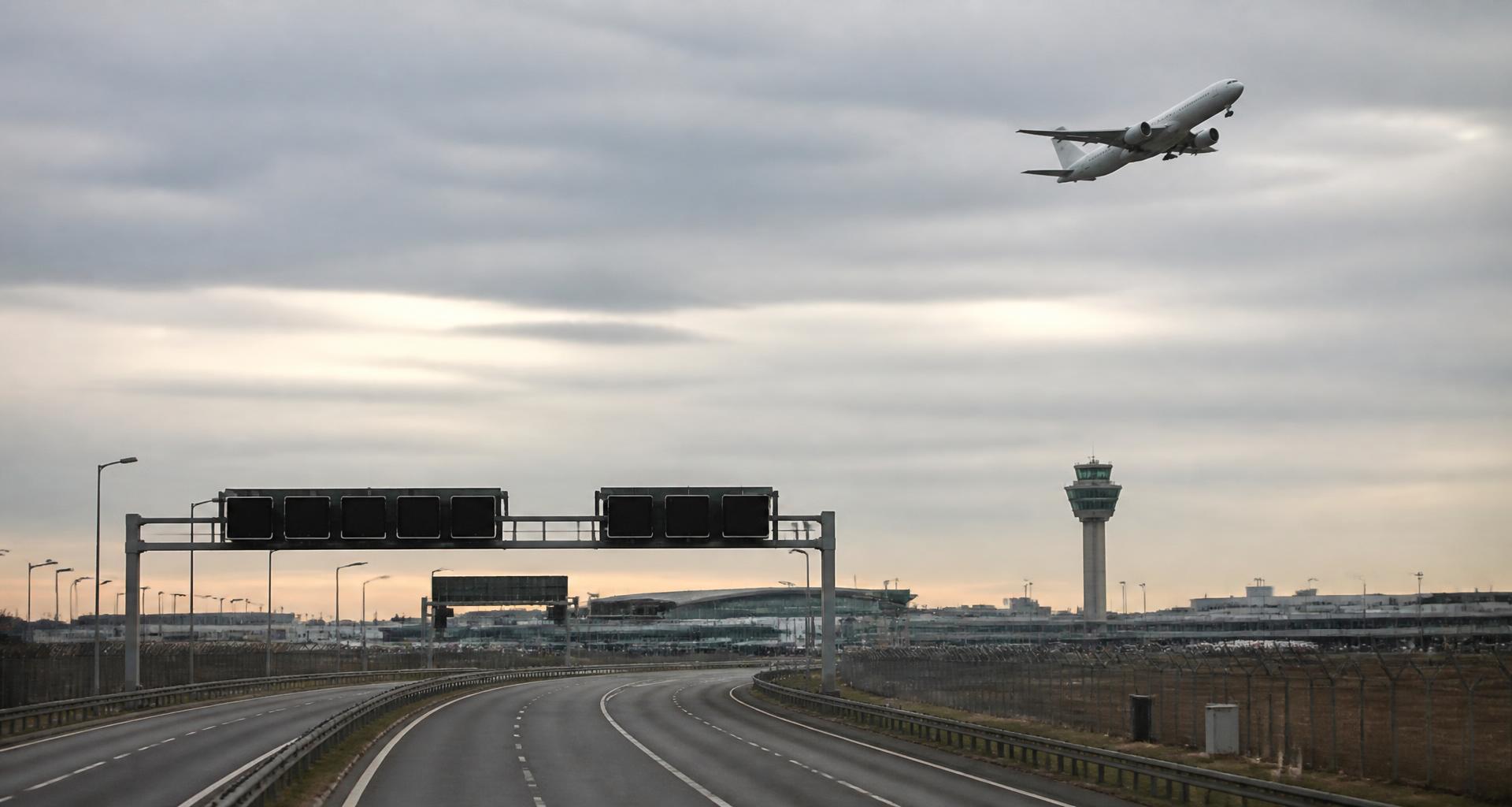 Airport approach road with overhead sign gantries, terminal and control tower, and an aircraft climbing away