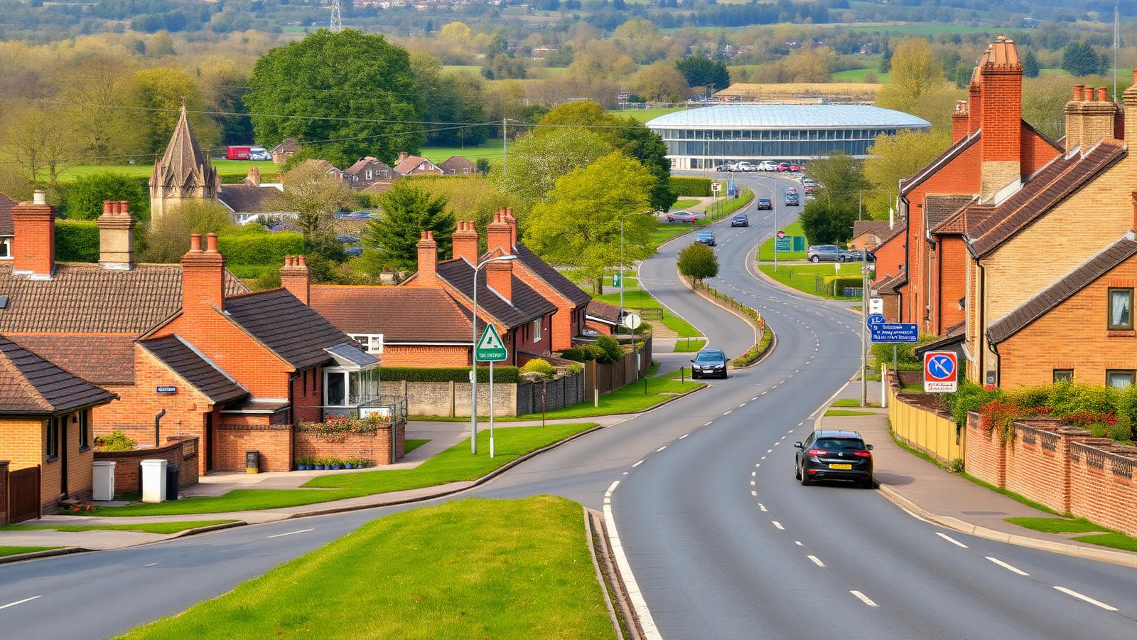 Main road curving through Kidlington past brick houses and a church tower, with a business park building in the distance