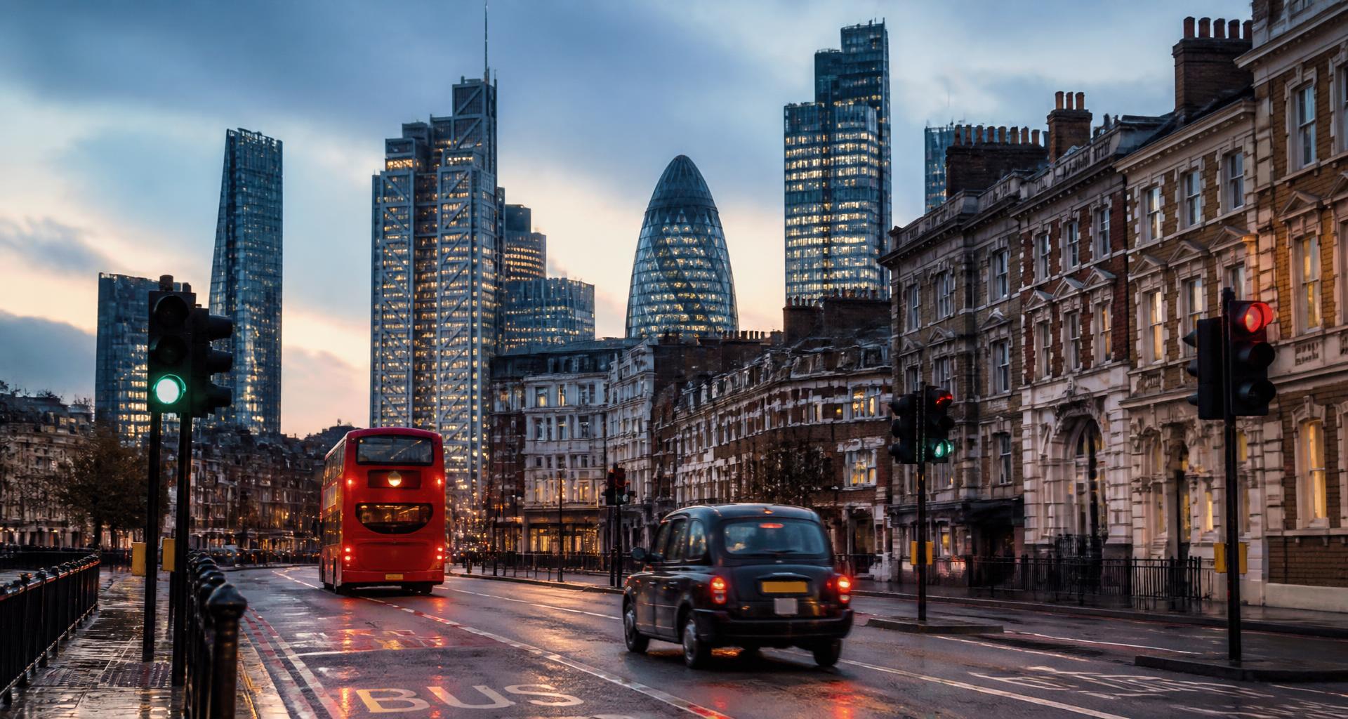 Central London street at dusk with a double-decker bus, black cab, traffic signals and the City skyline