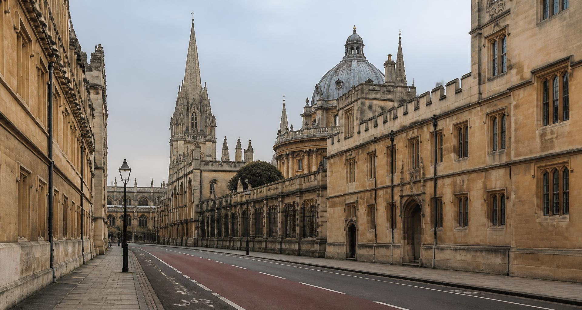 Oxford city centre street lined with historic limestone college buildings, spires and a cycle lane