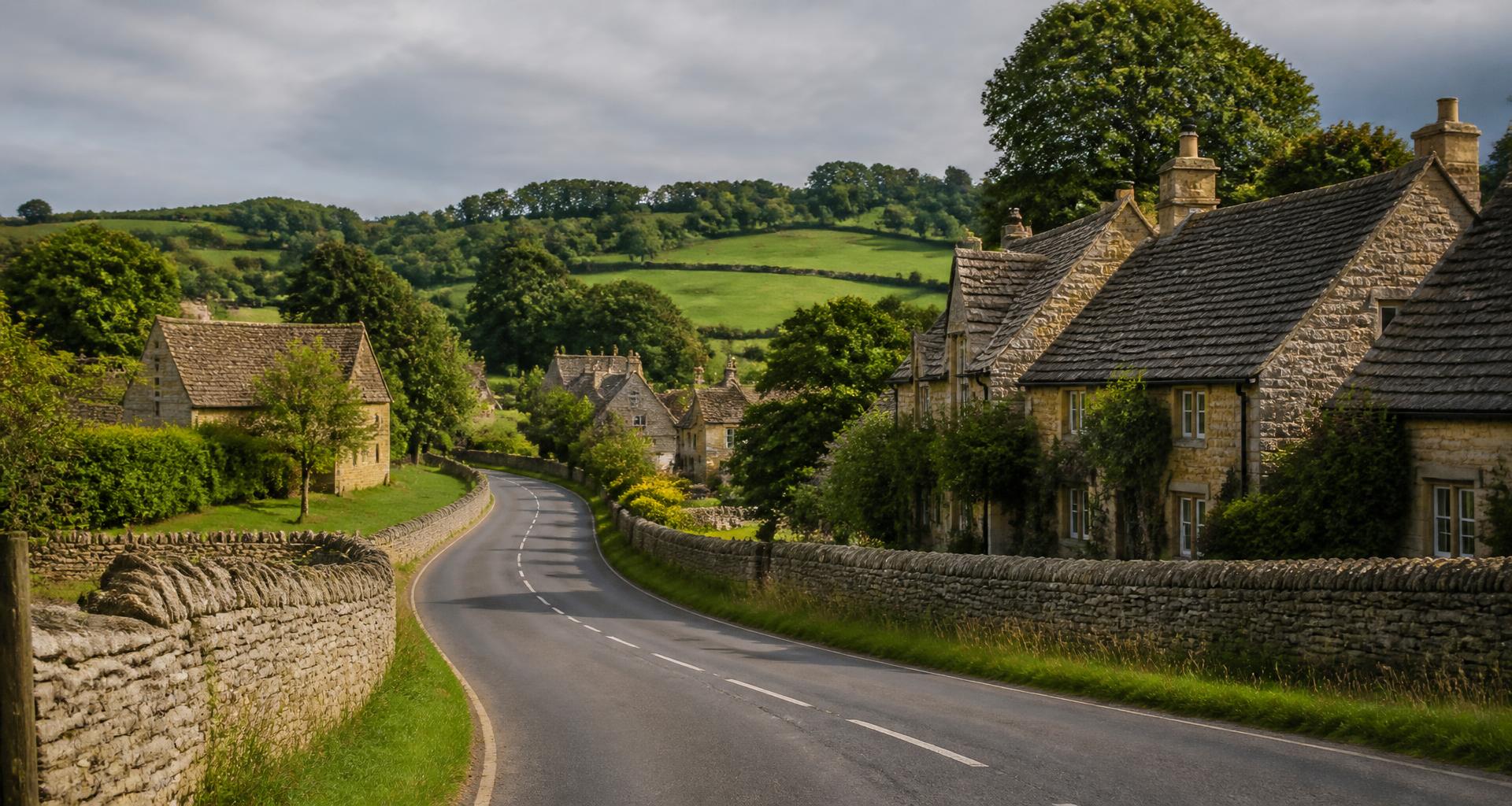 Rural Oxfordshire road curving between dry-stone walls and Cotswold stone cottages