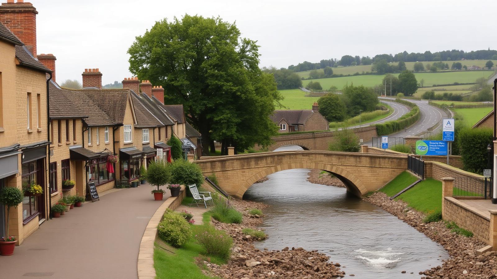 Cotswold stone shopfronts beside a stone bridge over the River Windrush in Witney, with the A40 corridor in the distance